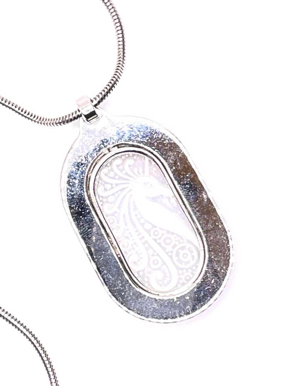 Vintage Whiting & Davis Reverse Etched Glass Unicorn Necklace Silver Tone 70's - Picture 12 of 12